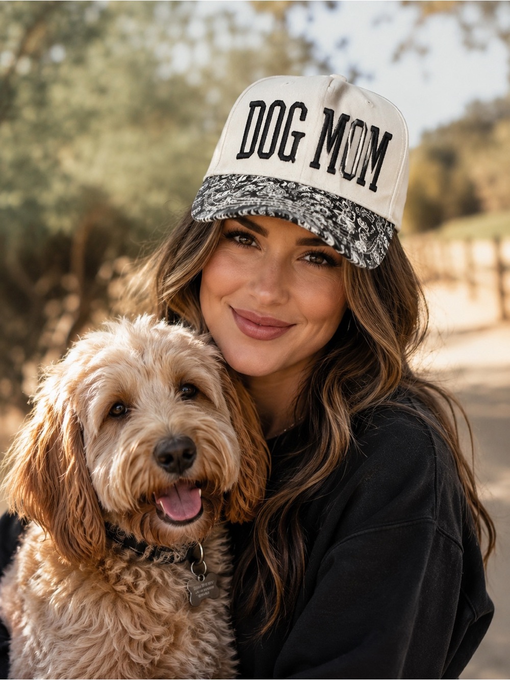 🆕 Dog Mom Paisley Bill Baseball Hat Cream Black Adjustable Cap - Picture 1 of 2
